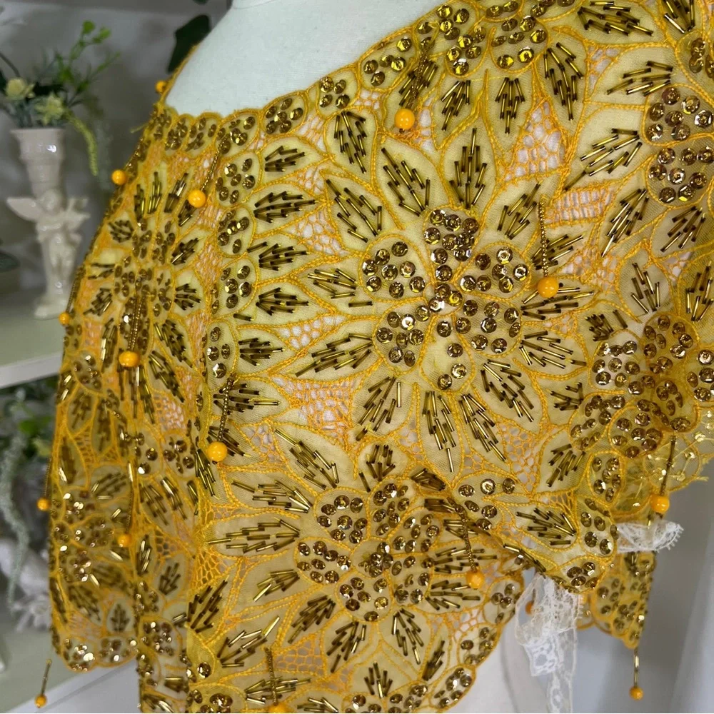 Vintage Funky Yellow Beaded Tie On Top Blouse - Picture 10 of 11
